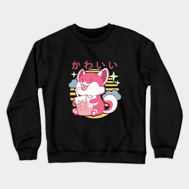 Kawaii Aesthetics Japanese Strawberry Milk Shake かわいい Fox - Purple- Strawberry Milk Crewneck Sweatshirt by DuskySavage